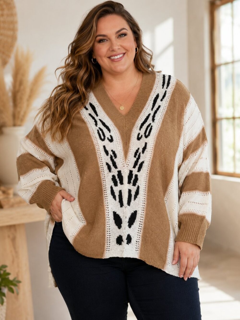 Trendy Threads, V-Neck Sweater, Neutral Stripes & Leopard Print, Sz 3X